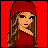 Pixelated image of a woman with long brown hair and blue eyes wearing a red headband and top against a solid red background.