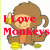 Pixelated cartoon monkey icon with red text overlay reading "I Love Monkeys" on a white background.