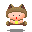 Pixelated character with brown wolf-ear hat, light skin, black eyes, red mouth holding yellow object; some frames show yellow rectangle covering face with 'NEW' text.
