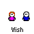 Pixel art of two cartoon figures with text labels beneath them, arranged in a on gray background; one figure has orange hair and pink top, the other white hair and blue top