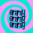 Four identical display a repeating pattern of stylized text within concentric cyan and pink spirals on a solid background
