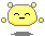 Yellow pixelated character with closed eyes and small mouth, two square ears, floating yellow squares, and gray shadow on gray background.