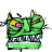 Green cartoon monster face with yellow and pink eyes, blue teeth, and black spikes on a white background.