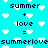 Pixelated cyan background with repeated white heart shapes and dark blue text reading 'summer + love = summerlove' in multiple positions.