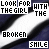 pixelated text and striped patterns with repeated phrases 'LOOK FOR THE GIRL' and 'BROKEN SHILE', showing animation changes in lettering across frames