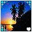 Animated tropical scene with palm trees against a sunset sky, featuring pixelated water reflections and blue border elements.