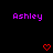 Pixelated of purple 'Ashley' text and red heart symbols on black background with gray corner element