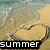 Beach scene with heart-shaped sand drawing, water, and text overlays changing across frames.