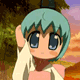 A chibi-style character with teal hair and blue eyes performs a waving motion against a sunset background.