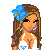 Pixel art contact sheet showing a beach-themed animated icon with multiple frames of a woman in swimwear and repeated "beach babe" text on yellow background.