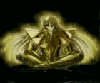 Animated sequence of a golden armored figure with long hair holding triangular objects, surrounded by glowing yellow aura against black background.