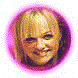 Five circular portraits with pink halos on white background; each shows a different person's face in close-up, all smiling or neutral expressions.