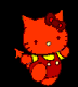 Red cartoon cat with dark red bow, yellow shirt, red overalls, and small white eyes, shown in multiple poses against black background.