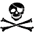 Black and white pixelated skull with crossbones on white background, rendered in low-resolution digital art style.