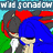 Pixelated character with blue hair and red accents in a static pose, featuring mirrored text above the head.