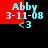 Pixelated text displays 'Abby', date '3-11-08', and '<3' on red and black backgrounds with shifting red blocks.