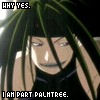 Anime-style character with long dark green hair partially covering face, wearing black top, with text overlays reading 'WHY YES.' and 'I AM PART PALMTREE.'