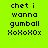 Pixelated text on bright green background with yellow highlight bars, displaying 'chet i wanna gumball XoXoXoX' in black blocky font across multiple