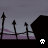 Pixelated scene with dark silhouettes of crosses and tombstones against a purple-hued sky, featuring a small white skull icon at the bottom center.