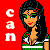Pixel art contact sheet showing two frames of an animated icon featuring a cartoon woman with long dark hair, green eyeshadow, and red lips against a solid red background with white text reading "can i jingle your bells?"