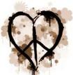 Black peace sign with brown splatter effects on white background, static single-frame icon.