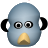 Pixelated blue oval head with black circular ears, two large eyes with white and gray rings, and a yellow beak-like nose on a gray background.