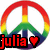 Six identical rainbow peace signs with 'julia' text and heart symbols in varying colors arranged in a