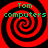 Four identical red and black spiral patterns with green text reading "Tom computers" arranged in a on a black background