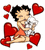 Pixelated cartoon icon of a woman with black hair and red dress surrounded by floating red hearts on white background.