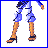 Pixel art animation of a blonde woman in blue crop top and white shorts performing a dance sequence with text overlays.