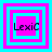 Four square display a pixelated 'LexiC' text over layered cyan and magenta borders on a cyan background