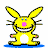 Animated contact sheet showing five frames of a yellow cartoon bunny character with pink nose and blue eyes performing various poses on a white background with blue platforms.