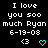 Pixelated text and symbols on a black background with cyan heart icons, showing repeated phrases and dates.