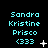 Pixelated cyan text displays 'Sandra Kristine Prisco <333' on black background with animated white symbols changing across three