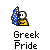A 3x3 contact sheet of nine animated frames showing a yellow stick figure waving blue-and-white checkered flags with "Greek Pride" text below each frame.