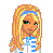 Pixelated character with long blonde hair and blue headband wearing white outfit with blue stripes, shown in multiple views including full-body, torso-only, and close-up.