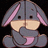 Pixelated cartoon donkey with gray body and pink inner ears sits against black background, surrounded by white pixel text in four sections.