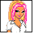 Pixel art contact sheet showing a cartoon character with pink and yellow hair next to green text reading "whats wrong with pink hair!" on an orange checkered background.