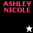Pixelated text 'ASHLEY NICOLE' in pink on black, white, and gray backgrounds with white and black star icons.