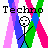 Pixelated stick figure with closed eyes and neutral expression stands against colorful vertical stripes, text "Techno" appears in black on left side.