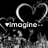 Black background with white pixelated heart outline above 'imagine' text and abstract grayscale shapes below.