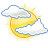 Pixelated icon shows a yellow crescent sun with orange outline, partially covered by two white clouds with blue outlines against gray background.