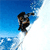 Pixelated static icon of a person snow skiing against blue sky and white snow background with motion blur effect.