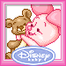 Pixelated cartoon of a pink pig and brown bear in close embrace, with blue oval text reading 'Disney baby' below.