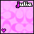 Pixelated pink background with repeating pattern, small pink heart, and 'julia' text in white with pink outline.