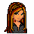 Pixel art contact sheet showing six frames of an animated AIM buddy icon featuring a cartoon female character with long brown hair, black crop top, and blue jeans with white frayed hems, alongside pink text reading "Jory" with hearts.