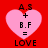 Four identical pink heart-shaped icons on red background with text 'A.S + B.F = LOVE' in black pixelated font.
