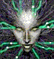 A repeating pattern of a stylized face with glowing green lines radiating from the head against a dark background.