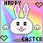 Pixelated static icon featuring a white rabbit with black eyes and pink nose against rainbow gradient background, with "HAPPY" text top-left, "EASTER" text bottom-right, and two pixel hearts on left/right sides.