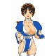 Pixel art character in blue and white outfit with multiple poses showing chest exposure, brown hair styled up, gray background.